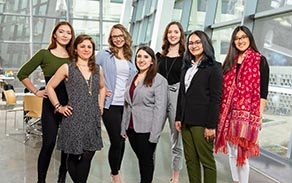 UB's 2019-20 Fulbright Award recipients and alternates photographed in Davis Hall in April 2019. From left, Jenny Simon, Stanzi Vaubel, Paige Melin, Ashley Cercone, Mariangela Perrella, Hanna Santanam and Madeline Elminowski. 
