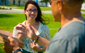 Two students talking. 